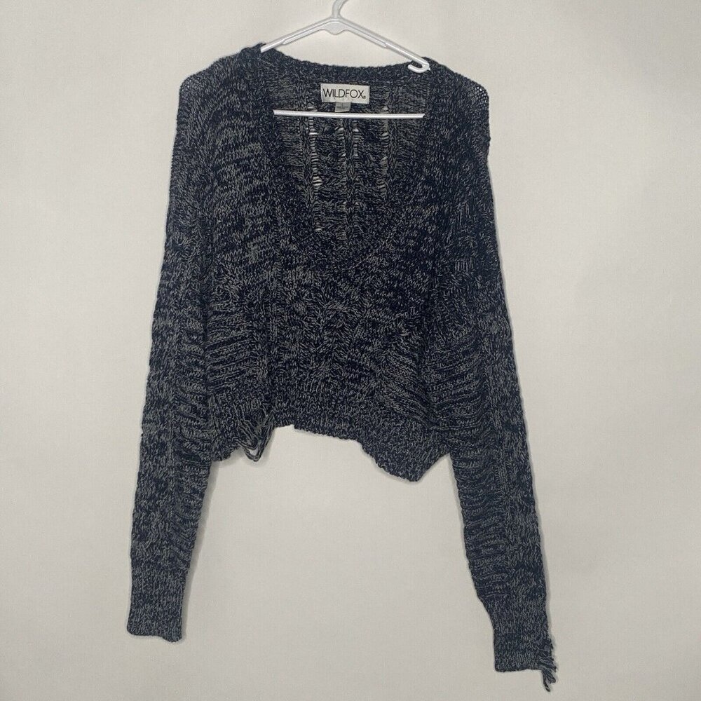 Wildfox Distressed Cropped Ribbed Knit Oxford Nancy Sweater Size Medium V-Neck